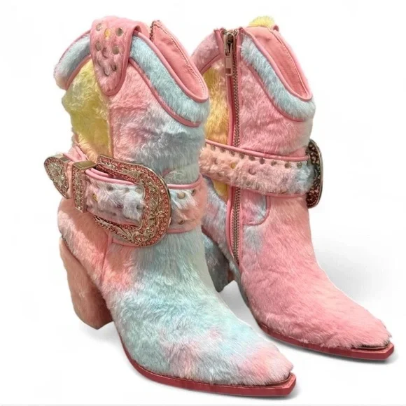 Club Exx Sharp Sheriff Shine Cowboy Boots Rainbow Faux Fur & Rhinestones, Rave - Picture 1 of 11
